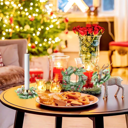 8pcs Christmas Candle Rings Wreaths, 3.1" Artificial Red Berries Candle Rings with Snowy Pine Needles Cones Mini Wreaths for Christmas Table Centerpiece Pillar Cabinets Decorations