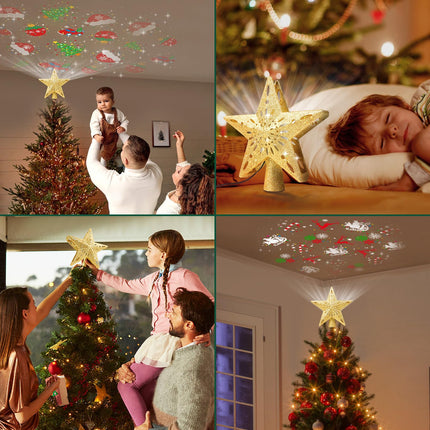 Christmas Tree Topper Lighted with 6 Projection Modes, Christmas Star Tree Topper Built-in Rotating Magic Cool Dynamic Projection, Gold 3D Glitter Tree Topper for Christmas Party Decorations