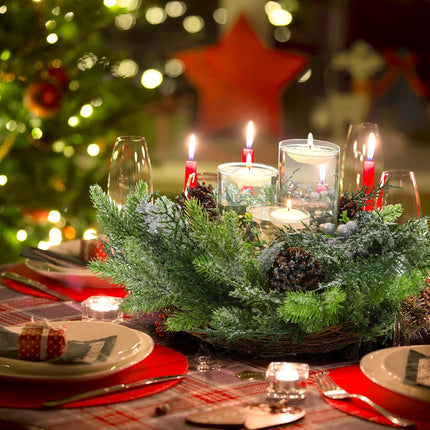 Cindeer 19 Pcs Christmas Artificial Pine Cone Ring Wreath and Candle Set 19 Inch Wreath and Glass Candle Holder with Floating Candle and Artificial Pearl String for Table Centerpiece Front Door Decor