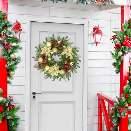 Christmas Wreath, 20'' Christmas Wreaths for Front Door with Gold Ball and Flower, Christmas Door Decorations for Year