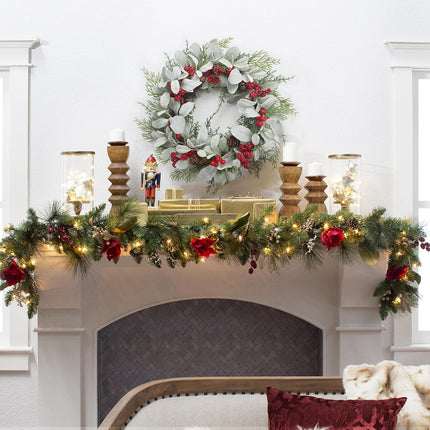 19'' Christmas Wreaths for Front Door, Aesthete Lambs Ear Wreath with Red Berries Pinecone Decor for Indoor Outdoor Christmas Year