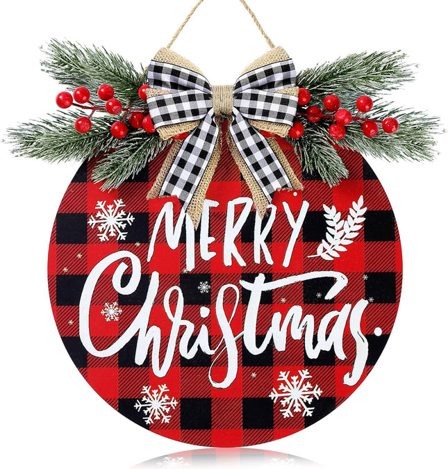 Sggvecsy Christmas Door Sign Buffalo Plaid 12'' Welcome Sign Xmas Decorations Merry Christmas Wreath for Porch Wall Hanging Wreath Rustic Farmhouse Window Holiday Winter Wooden Indoor Outdoor Decor