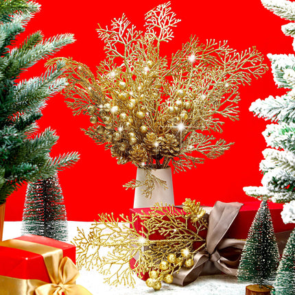 Tigeen 12 Pcs Large Christmas Tree Picks Bulk Glitter Branches Berries Stems Decorations 15.75'' Christmas Twigs Filler Berry Picks for Vase Christmas Tree Ornaments (Gold)