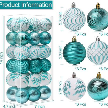 Christmas Ornaments Shatterproof Balls Decorations - 36pcs Teal Ornaments for Xmas Tree Small Christmas Baubles Set, 2.36inches 60mm