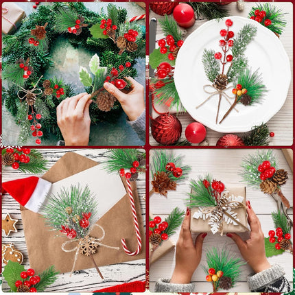 50Pack Christmas Picks Artificial Assorted Red Berry Stems Christmas Tree Picks and Faux Sprays Pine Picks with Evergreen Holly Sprigs for Winter Crafts Wreath Supplies Christmas Tree Decoration