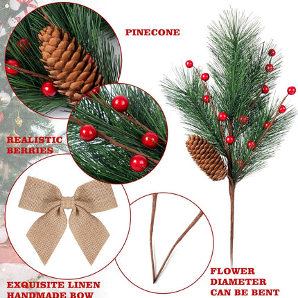 5 Pcs Artificial Christmas Berries Pine Picks Berry Pine Branches with Bow for Wreath DIY Faux Pinecone Craft Floral Arrangement Holiday Season Table Centerpieces and Xmas Tree Decor No Vase