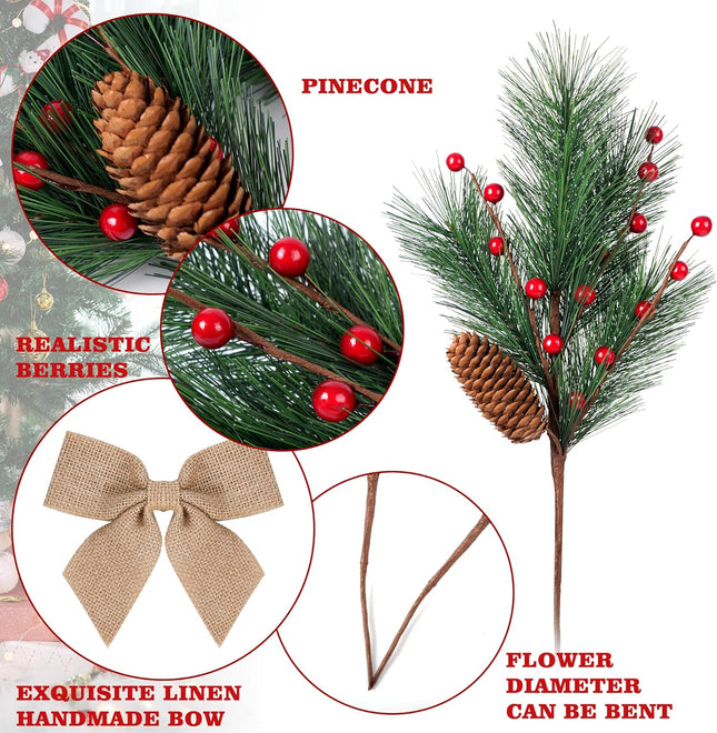 5 Pcs Artificial Christmas Berries Pine Picks Berry Pine Branches with Bow for Wreath DIY Faux Pinecone Craft Floral Arrangement Holiday Season Table Centerpieces and Xmas Tree Decor No Vase