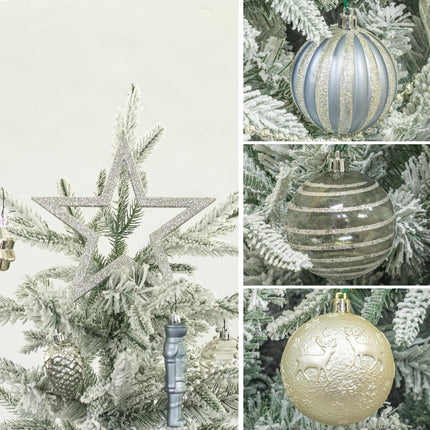 ITART 115pcs Christmas Tree Ornaments Assortment Dusty Blue Cream Gold Including Star Tree Topper Balls Large Snowflakes Pine Cone Nutcracker Figurines Bead Garland for Christmas Tree Decor