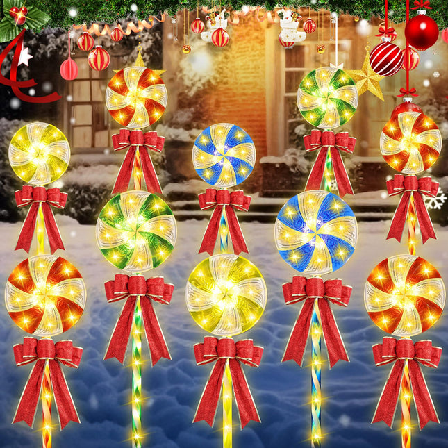 Retisee 10 Pack Lollipop Christmas Pathway Lights 27'' Christmas Lollipop Markers Lights Outdoor Christmas Peppermint Candy Pathway Lights Decorations with Bows for Xmas Holiday Yard Lawn Walkway