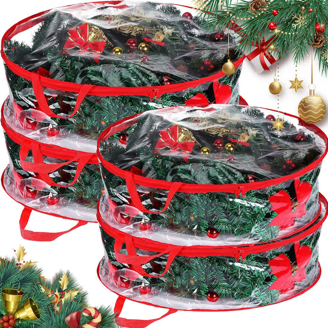 Zhengmy 4 Pack 30" 24" Wreath Storage Container Clear Christmas Wreath Storage Bags with Handle and Dual Zipper Plastic Decorative Wreath Protector for Xmas Seasonal Holiday Wreath Garland(Red)