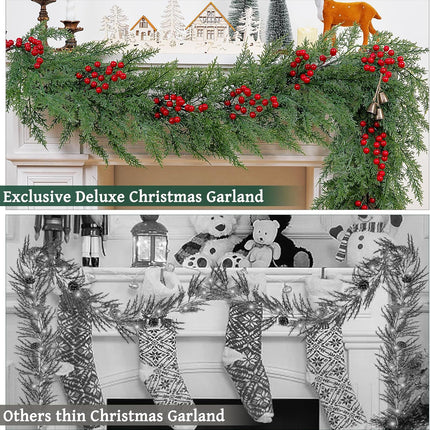 Dolicer 6FT Christmas Pine Garland, Artificial Cedar Garland with Red Berries, Lush Winter Greenery Garland with Lights for Mantel Home Fireplace Holiday Weeding Christmas Decorations