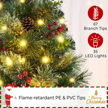 Yaheetech 2Pcs Pre-lit Mini Christmas Trees,2FT Artificial Christmas Tree with Stakes for Driveway, Yard, Garden,Pathway Christmas Tree with LED Lights, Red Berries, Pinecones,Green