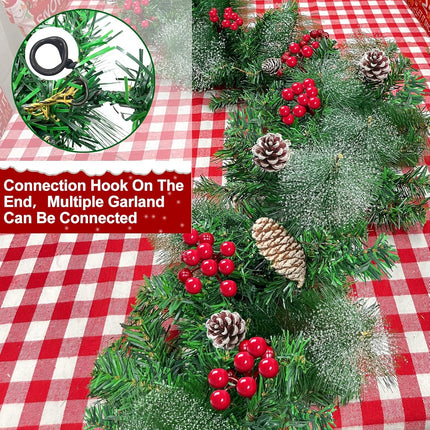 2 Pack Prelit Christmas Garland Each 9 Ft 100 Lights Timer 8 Mode, Cedar Garland Thick 300 Tips Snowy Bristle Pine 198 Berry 18 Pinecones Battery Operated Mantle Xmas Decoration Total 18 Ft 200 LED