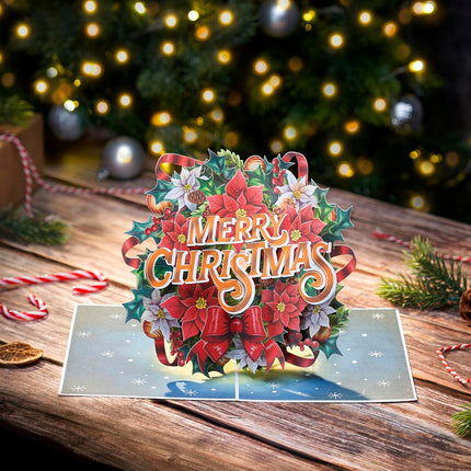 Christmas Wreath Pop Up Card, Merry Christmas, Poinsettia, Flowers, Bow, Bell, Elegant 3D Greeting Card, Ideal for Mom, Sister, Grandma, Women, Wife, Girlfriend, 5x7