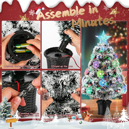 Pre-Lit Fiber Optic Christmas Tree 22inch Small Tabletop Christmas Tree Artificial Xmas Tree with Snowflake,Top Star, RGB Lights,Battery/USB Operated for Desktop,Holiday