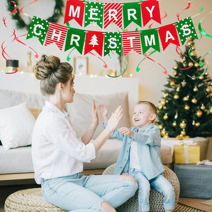 27Pcs Christmas Decorations Kit, Merry Christmas Banner, Paper Fan Flower, Hanging Garland Triangle Bunting, Xmas Tree Elk Snowman Swirl Streamers for Christmas Decor Party Supplies