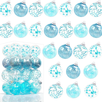 Lulu Home 24ct 2.76" Clear Christmas Ball Ornaments, Pre-Strung Transparent Balls with Unique Decorations Inside, Shatterproof Plastic Balls for Xmas Party Wreath Garlands Trees, Light Blue