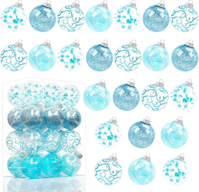 Lulu Home 24ct 2.76" Clear Christmas Ball Ornaments, Pre-Strung Transparent Balls with Unique Decorations Inside, Shatterproof Plastic Balls for Xmas Party Wreath Garlands Trees, Light Blue
