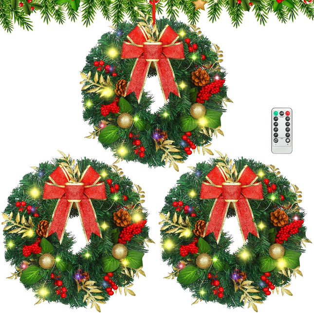 3Pcs Christmas Wreath 14 Inch LED Prelit Artificial Christmas Wreaths for Front Door 60 Lights Timer Battery Operated with Red Berries Bow Pine Cones Cypress Leaves Ball Glitter Xmas Decor