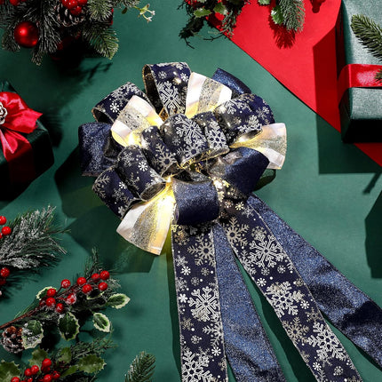 Zeyune Christmas Tree Topper 12 x 45 inches Large Christmas Bows LED Lights Glitter Satin Mesh Streamer Snowflake Ribbon Decorative Bows for Christmas Tree Decorations(Blue)