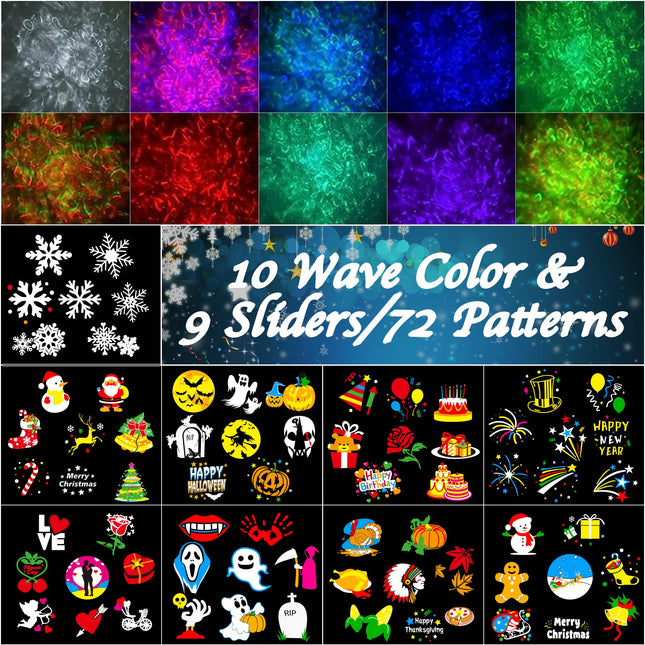 Christmas Projector Lights Outdoor, Holiday Projection Light with Remote, 3D Ocean Wave & 72 HD Patterns, Waterproof Snowflake Projector for Xmas Party Yard Decor