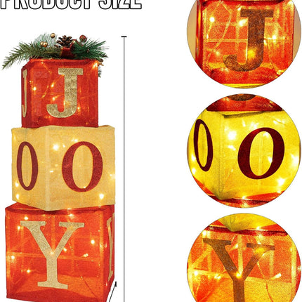 Hourleey Set of 3 Christmas Lighted Boxes, Pre-lit 60 LED Light Up Joy Present Boxes Ornament Decorations for Indoor Outdoor Xmas Tree Home Yard Lawn Decor
