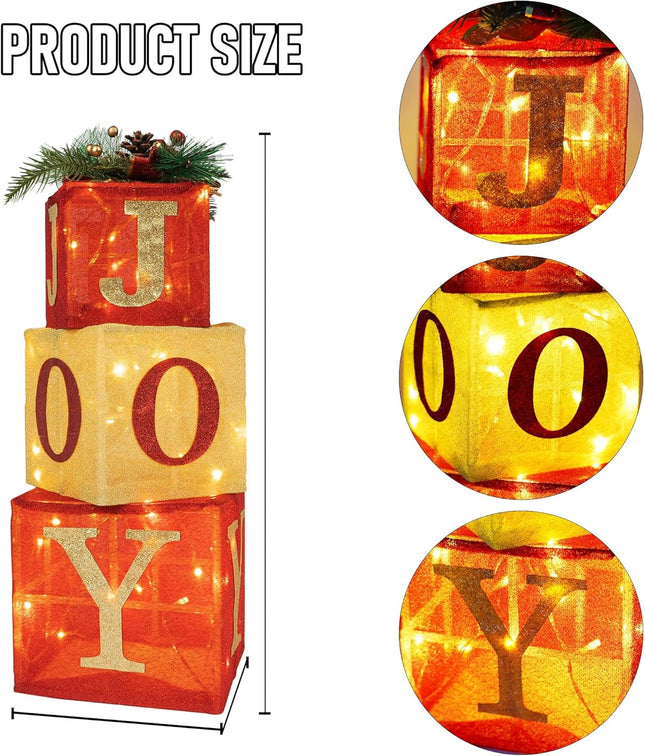 Hourleey Set of 3 Christmas Lighted Boxes, Pre-lit 60 LED Light Up Joy Present Boxes Ornament Decorations for Indoor Outdoor Xmas Tree Home Yard Lawn Decor