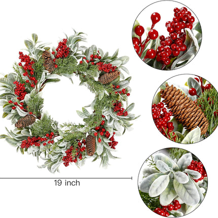 Sggvecsy 19 Inch Artificial Christmas Wreath for Front Door Flocked Lambs Ear Wreath with Red Berries Pine Needles Pinecones Christmas Decorations for Wall Outdoor Home Holiday Xmas Decor