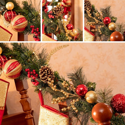 Valery Madelyn 9 feet Pre-Lit Christmas Garland with Lights for Mantle, Lighted Battery Operated Xmas Garland with Red Gold Balls for Front Door Fireplace Table Centerpiece Outdoor Window Home Decor