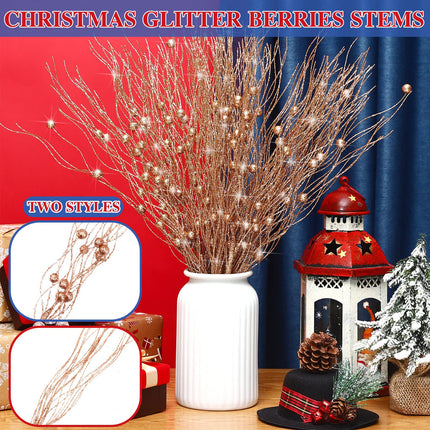 Giegxin 16 Pack Christmas Picks and Sprays, 17 Inches Christmas Berry Stem Branches for Christmas Tree Filler Decorations, Xmas Glittery Twigs Ornaments for Holiday Winter Decor(Rose Gold)