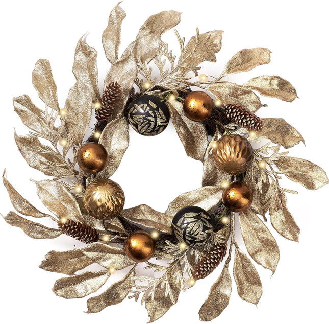 Decorbyhannah Christmas Wreaths for Front Door, 24 inch Prelit Christmas Wreaths with Gold Leaves and Ornaments, Artificial Reef with Lights for Outdoor Holiday Decorations (Luxury Gold & Black)