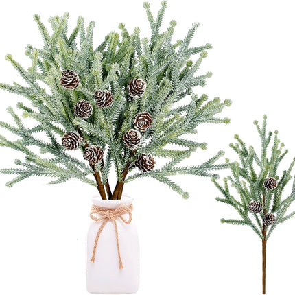 Sggvecsy 4 Pack Snow Frosted Christmas Pine Picks with Pine Cones Frosted Artificial Pine Branches Faux Pine Stem Christmas Pine Needles for Xmas Tree Wreath DIY Craft Holiday Decor (Red)
