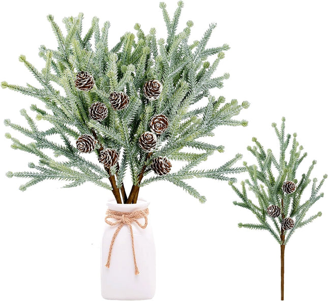 Sggvecsy 4 Pack Snow Frosted Christmas Pine Picks with Pine Cones Frosted Artificial Pine Branches Faux Pine Stem Christmas Pine Needles for Xmas Tree Wreath DIY Craft Holiday Decor (Red)