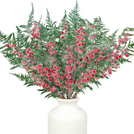 Christmas Snowy Cedar Picks 21 Inch Artificial Red Berry Pine Branches Large Frosted Cedar Sprays Christmas Faux Pine Needles Berry Cedar Sprigs for Holiday Garland Wreath Vase Floral Arrangements