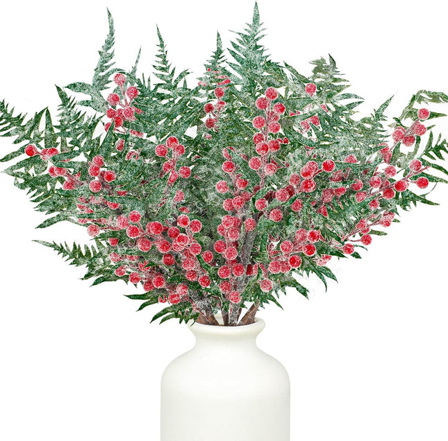 Christmas Snowy Cedar Picks 21 Inch Artificial Red Berry Pine Branches Large Frosted Cedar Sprays Christmas Faux Pine Needles Berry Cedar Sprigs for Holiday Garland Wreath Vase Floral Arrangements