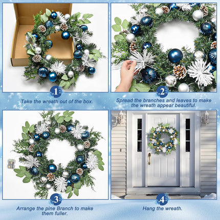 Christmas Wreath with Lights,24 Inch Christmas Wreath for Front Door with Christmas Blue Balls,Pine Cones and Pine Needles Xmas Wreath for Fireplace Window Front Door Wall Decor