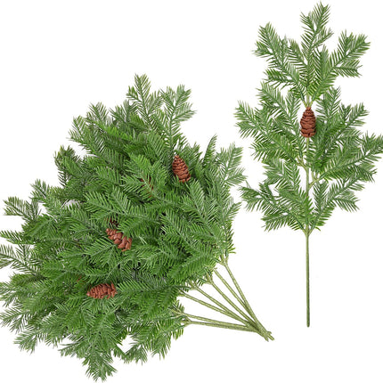 Watayo 8 Pcs Large Artificial Pine Needles Branches- 16" x 7" Christmas Fake Greenery Pine Picks with Pinecone- Faux Pine Leaves Sprigs for Christmas Garland Wreath & Home Garden Decoration