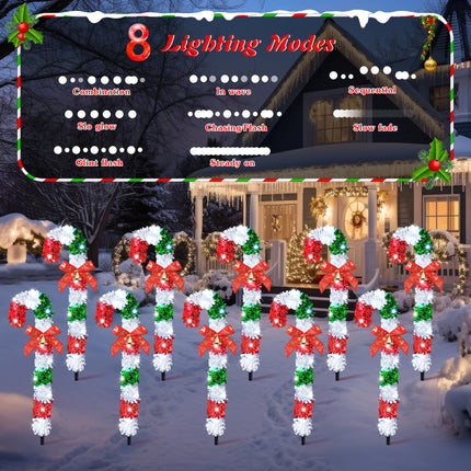 Meonum 10 Pack Christmas Candy Cane Outdoor Pathway Lights with 8 Mode and Timer, 20 LEDs 16.5in Candy Cane Stakes Lights with Bows, Candy Cane Outdoor Decorations for Walkway(Red, Green, White)