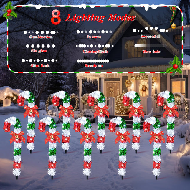 Meonum 10 Pack Christmas Candy Cane Outdoor Pathway Lights with 8 Mode and Timer, 20 LEDs 16.5in Candy Cane Stakes Lights with Bows, Candy Cane Outdoor Decorations for Walkway(Red, Green, White)