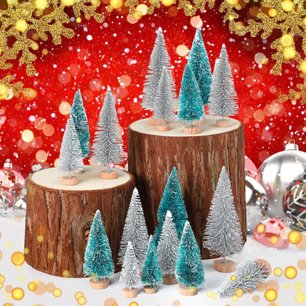Geetery 100 Pcs Mini Christmas Trees Mini Sisal Snow Frost Trees with Wood Base Bottle Brush Trees 5 Sizes Plastic Winter Snow Ornaments Tabletop Trees for Christmas Decoration and Display