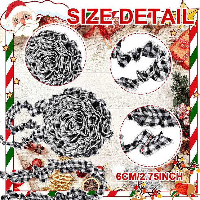 15 Yards Plaid Christmas Tree Garland Christmas Buffalo Plaid Ribbon Ruffled Homespun Fabric Garland Christmas Tree Ribbon Decorations for Christmas Home Wreath Staircase Tree Decor (White and Black)