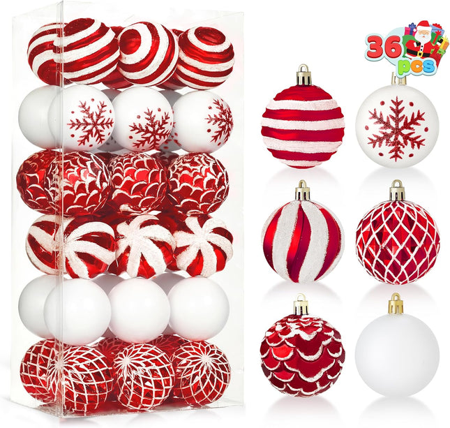 Joiedomi 36 Pcs Red and White Christmas Ball Ornaments Set, 2.36” Shatterproof Christmas Hanging Tree Decoration, Xmas Balls Ornaments for Tree Present Banister Wreath Garland Indoor Party Supplies