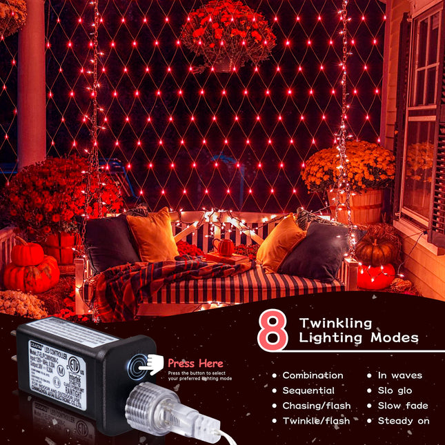 9.8ft x 6.6ft 192 LED Christmas Net Lights,8 Modes 30V Low Voltage Mesh Fairy String Lights for Christmas Trees, Bushes, Wedding, Garden, Outdoor Decorations (Red)