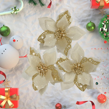 12 PCS Poinsettia Flower Artificial Poinsettia Christmas Decoration 5.9'' Gold Glitter Poinsettias Christmas Ornaments Christmas Tree Flower Decor with Clips DIY Xmas Wreath Holiday Home Party Decor