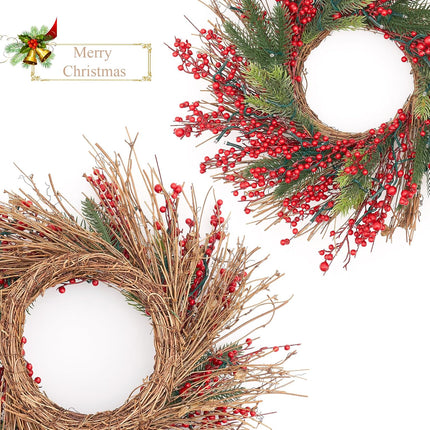Pre-Lit Christmas Wreath 20 Inches Small Light Timer Artificial Pine Berries Xmas Decorations for Front Door Holiday Fireplace Wall Window Decor
