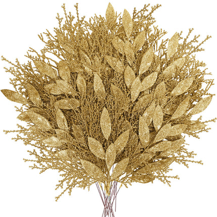 Winlyn 30 Pcs Christmas Artificial Leaf Sprays Cedar Picks Gold Glittered Christmas Tree Ornaments Floral Stems for Gold Christmas Tree Wreaths Swag Centerpieces Holiday Seasonal Wedding Decorations