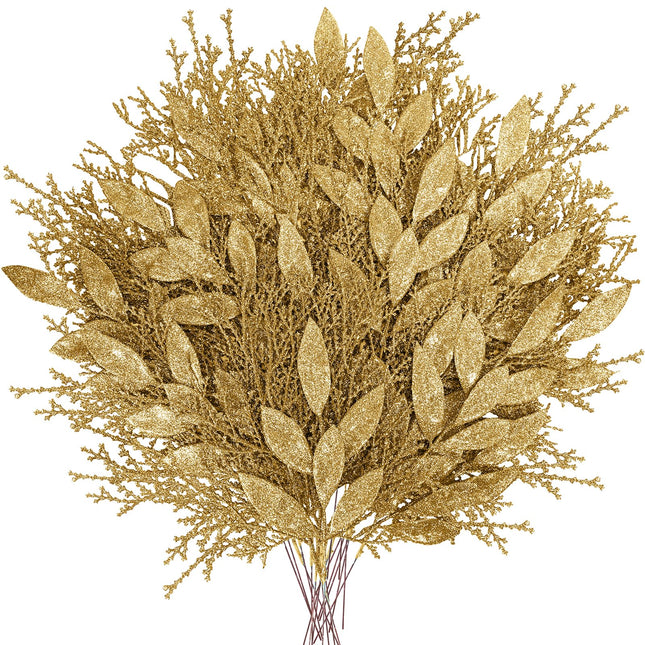 Winlyn 30 Pcs Christmas Artificial Leaf Sprays Cedar Picks Gold Glittered Christmas Tree Ornaments Floral Stems for Gold Christmas Tree Wreaths Swag Centerpieces Holiday Seasonal Wedding Decorations