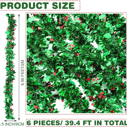 6 Pieces/ 39.4 Ft Christmas Tree Garland Winter Tinsel Green Tinsel Garland Green Garland Christmas Decorations Outdoor Christmas Garland Metallic Twist Garland Ceiling Hanging Decoration for Party