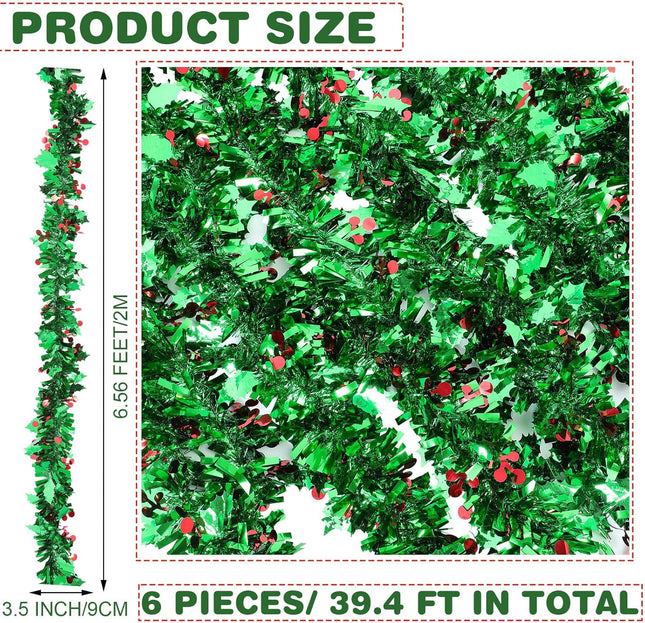 6 Pieces/ 39.4 Ft Christmas Tree Garland Winter Tinsel Green Tinsel Garland Green Garland Christmas Decorations Outdoor Christmas Garland Metallic Twist Garland Ceiling Hanging Decoration for Party