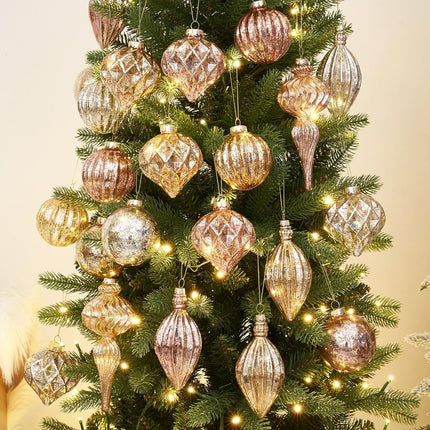 Mercury Glass Christmas Ornaments Set of 8 Champagne Gold 3.54 Inches Large Hanging Balls Finial Xmas Tree Decorations